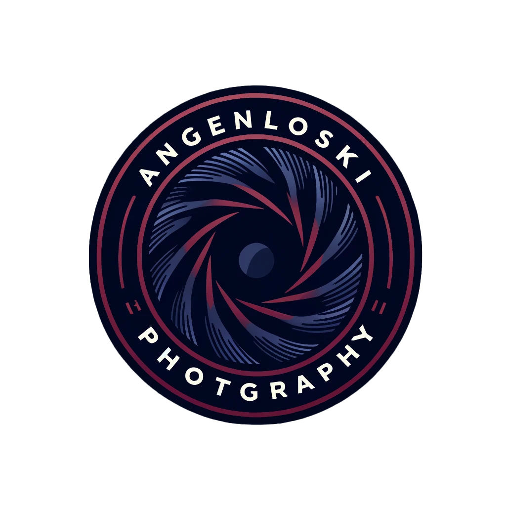 Angenloski Logo dark blue and burgundy similar to a shutter of a camera